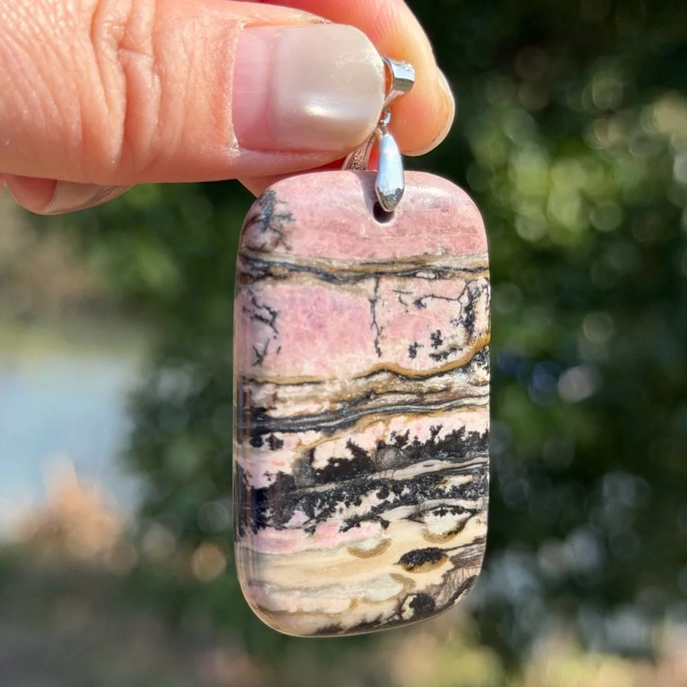 Sterling silver 925 stamped rectangular scenic rhodonite‎ pendant 1036